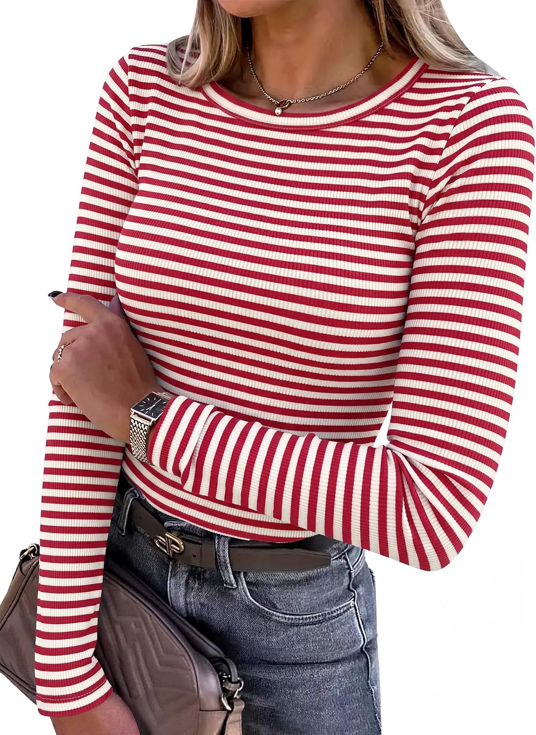 ANRABESS Women Long Sleeve Shirts Ribbed Fitted Tops