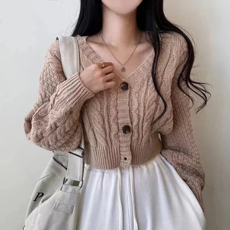 Cardigan court en tricot torsadé pour femme, pull à manches longues boutonné, coupe Boxy, veste pour adolescente, tenue d'automne et d'hiver Y2K