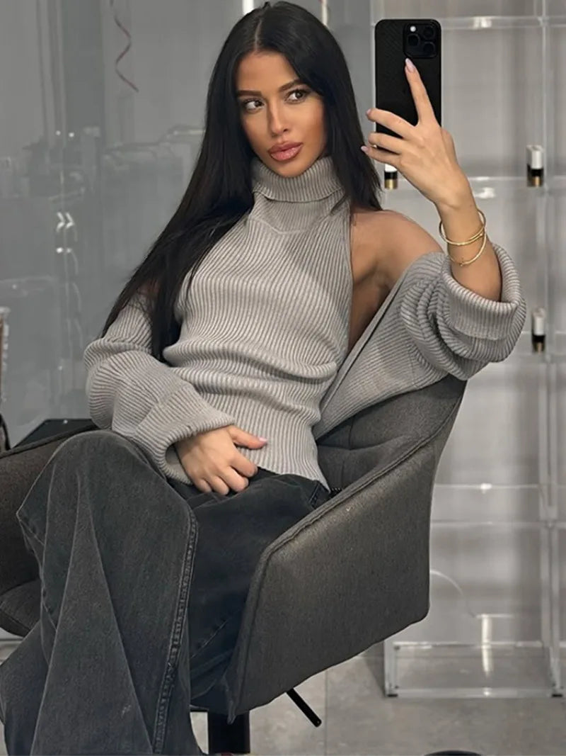 Trendix évider pull ensembles pour femmes 2025 automne nouveau à manches longues tricots châle costumes Sexy dos nu tricot débardeur 2 pièces ensemble