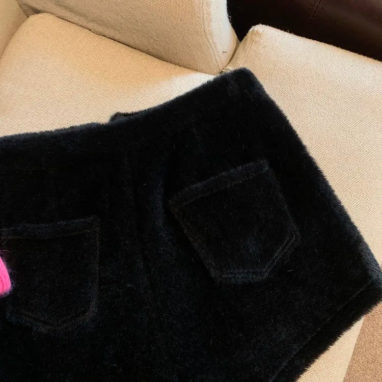 Short en Fausse Fourrure pour Femme, Vêtement Décontracté, Couleur Unie, Taille Haute, Collection Automne Hiver