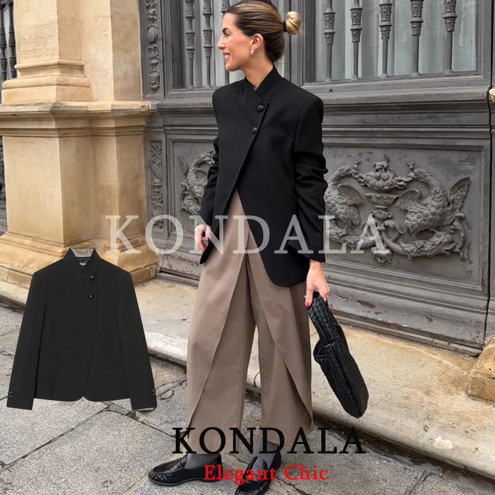 Blazer tendance noir KONDALA pour femme, col roulé, idéal pour le bureau, les fêtes et les vacances, collection Printemps-Automne 2026