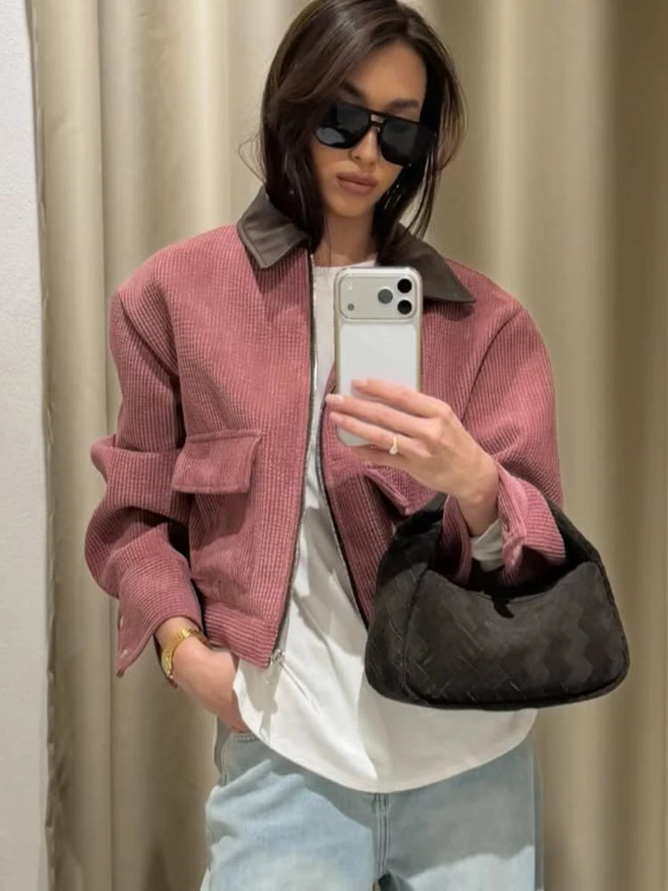 Veste décontractée rose SLTNX pour femme, coupe ample, style streetwear, avec fermeture éclair et poches, idéale pour la détente et le quotidien