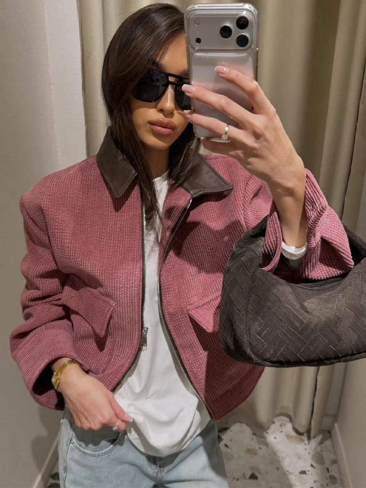 Veste décontractée rose SLTNX pour femme, coupe ample, style streetwear, avec fermeture éclair et poches, idéale pour la détente et le quotidien