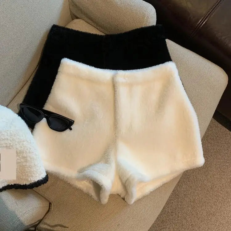 Short en Fausse Fourrure pour Femme, Vêtement Décontracté, Couleur Unie, Taille Haute, Collection Automne Hiver