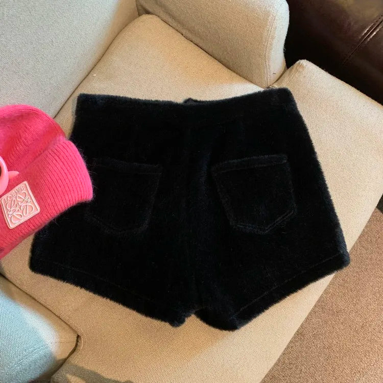 Short en Fausse Fourrure pour Femme, Vêtement Décontracté, Couleur Unie, Taille Haute, Collection Automne Hiver