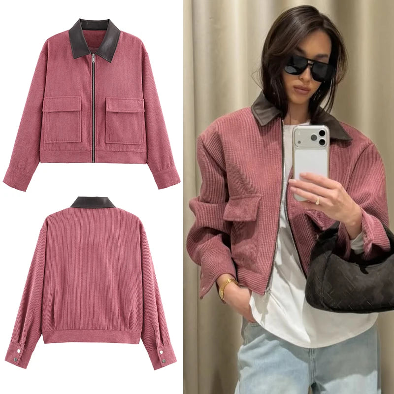 Veste décontractée rose SLTNX pour femme, coupe ample, style streetwear, avec fermeture éclair et poches, idéale pour la détente et le quotidien
