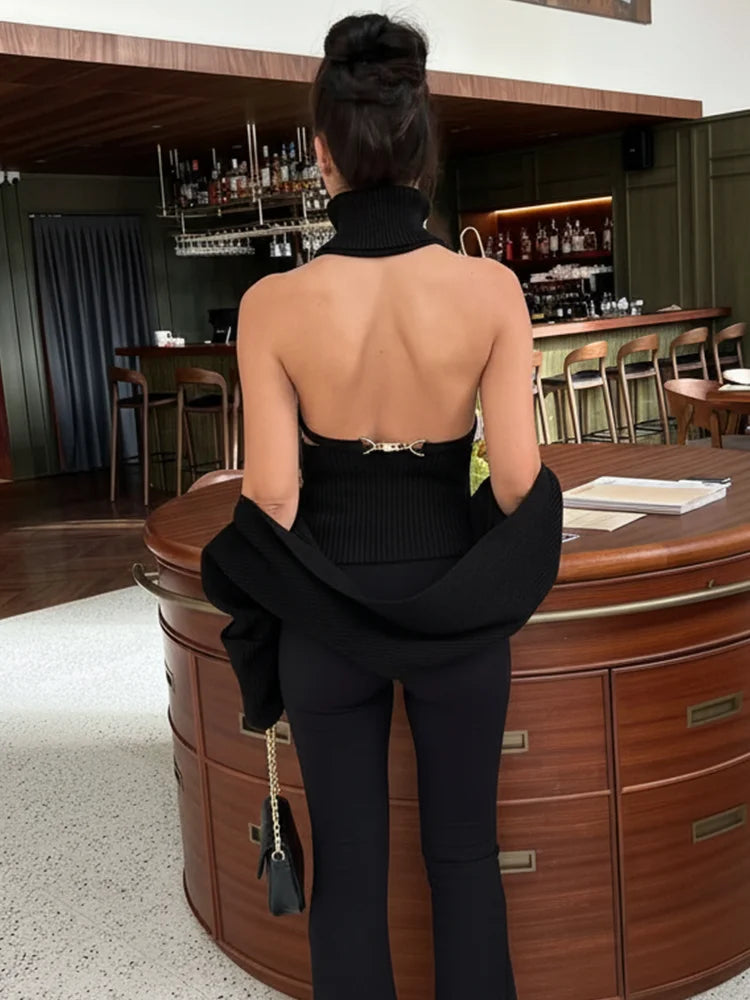 Trendix évider pull ensembles pour femmes 2025 automne nouveau à manches longues tricots châle costumes Sexy dos nu tricot débardeur 2 pièces ensemble