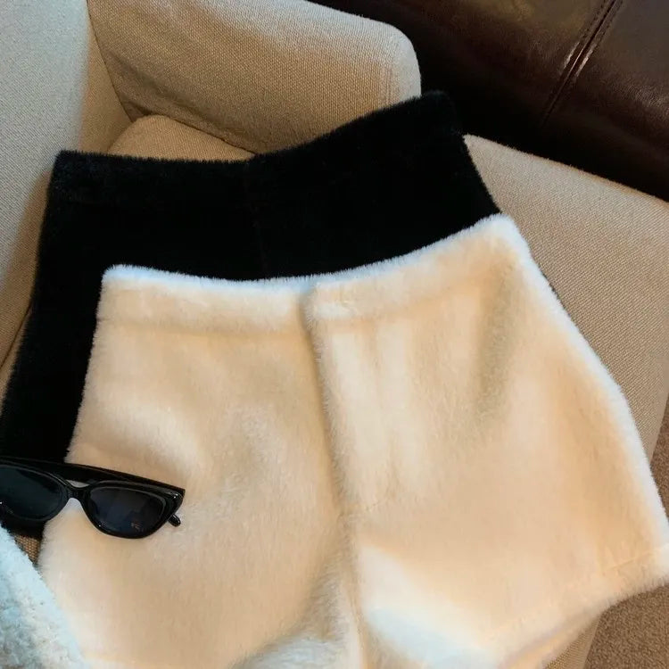 Short en Fausse Fourrure pour Femme, Vêtement Décontracté, Couleur Unie, Taille Haute, Collection Automne Hiver