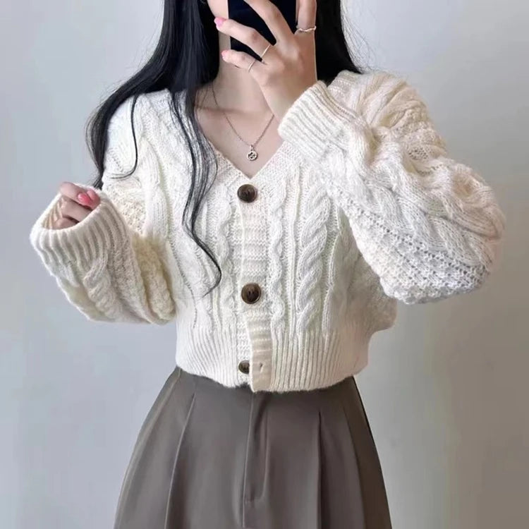 Cardigan court en tricot torsadé pour femme, pull à manches longues boutonné, coupe Boxy, veste pour adolescente, tenue d'automne et d'hiver Y2K