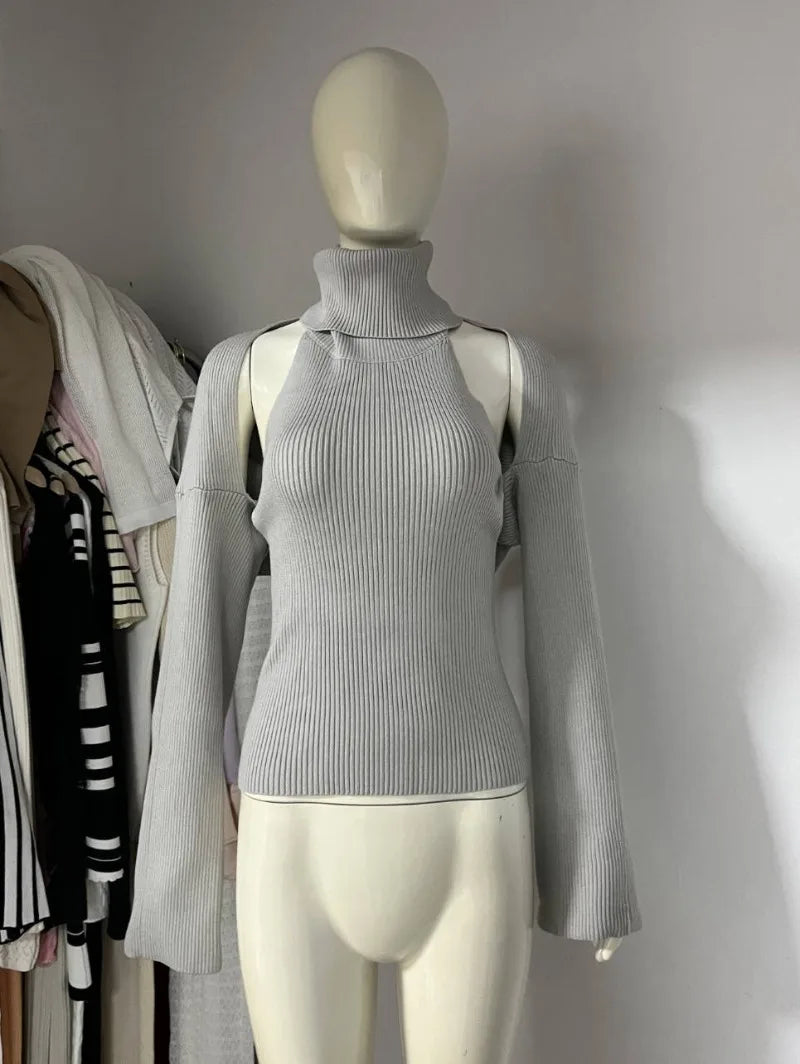 Trendix évider pull ensembles pour femmes 2025 automne nouveau à manches longues tricots châle costumes Sexy dos nu tricot débardeur 2 pièces ensemble