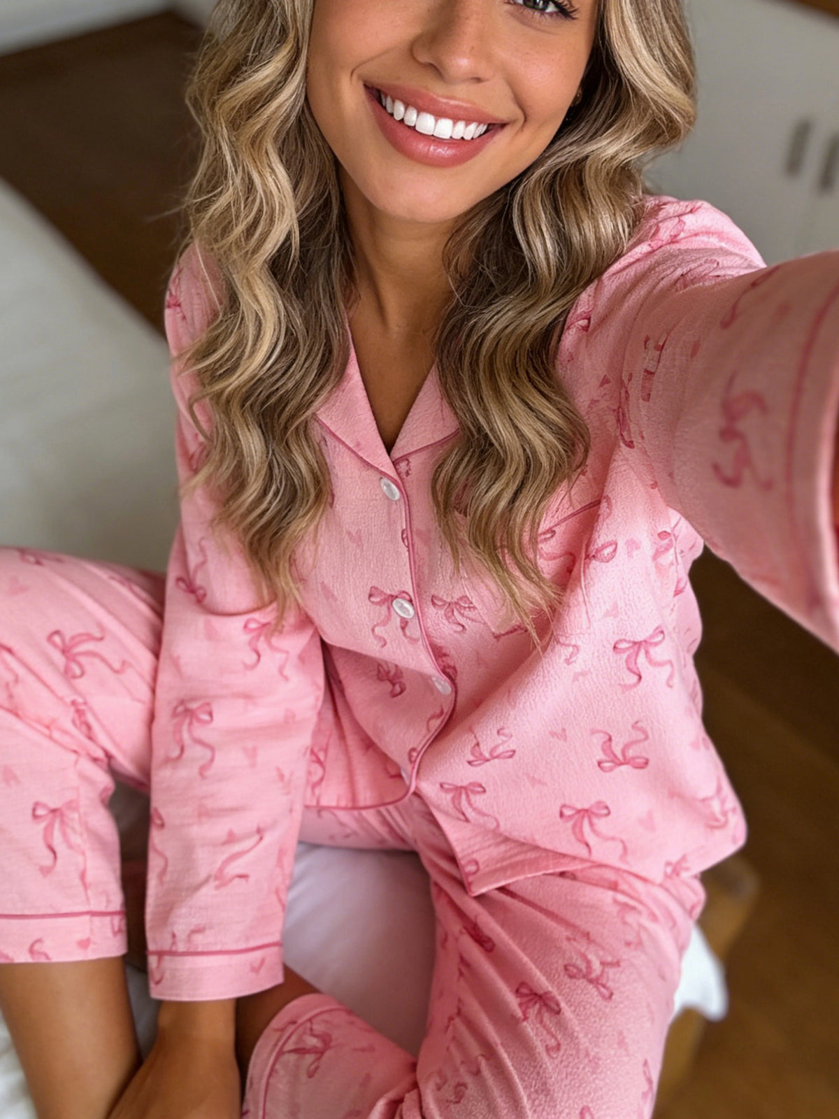 Pyjama femme à revers cranté, manches longues et pantalon, ensemble 2 pièces, imprimé cœur et nœud mignon, pour printemps, automne, hiver, vêtements d'intérieur