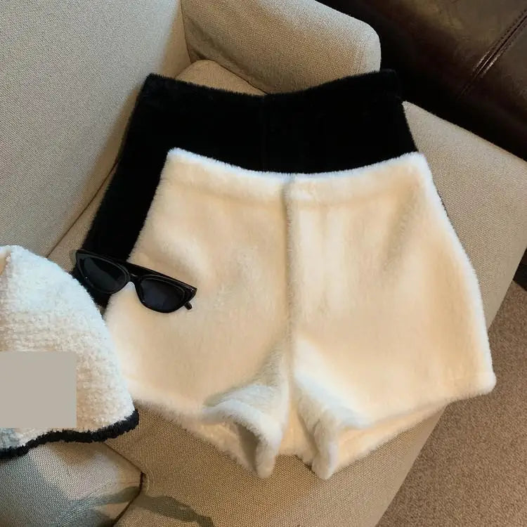 Short en Fausse Fourrure pour Femme, Vêtement Décontracté, Couleur Unie, Taille Haute, Collection Automne Hiver