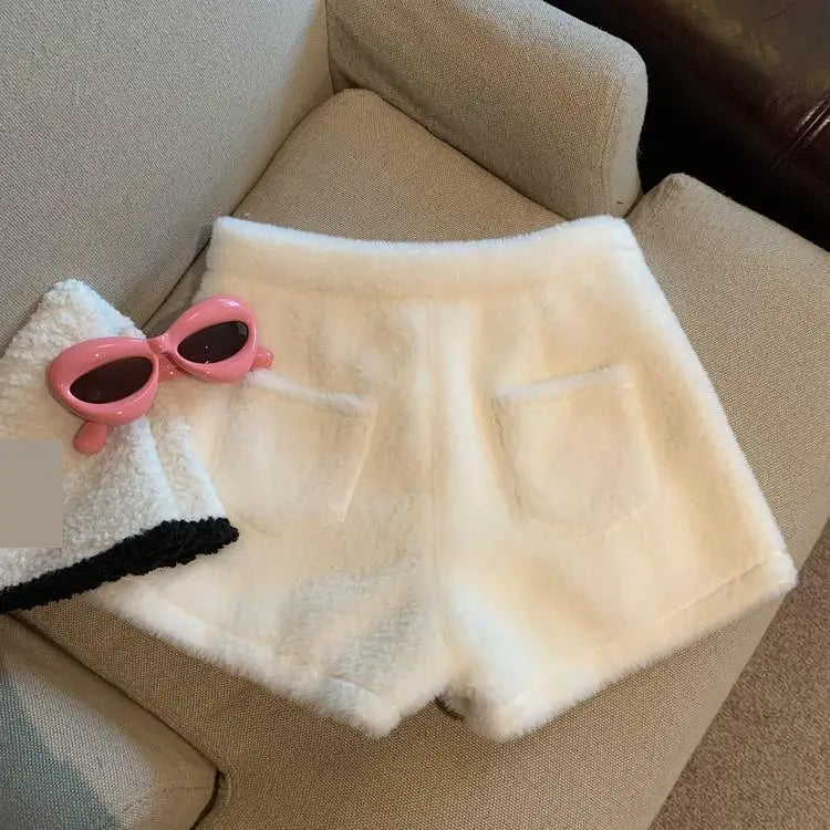Short en Fausse Fourrure pour Femme, Vêtement Décontracté, Couleur Unie, Taille Haute, Collection Automne Hiver