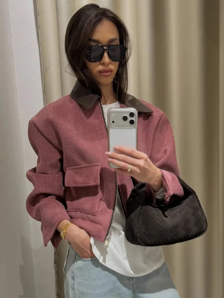 Veste décontractée rose SLTNX pour femme, coupe ample, style streetwear, avec fermeture éclair et poches, idéale pour la détente et le quotidien