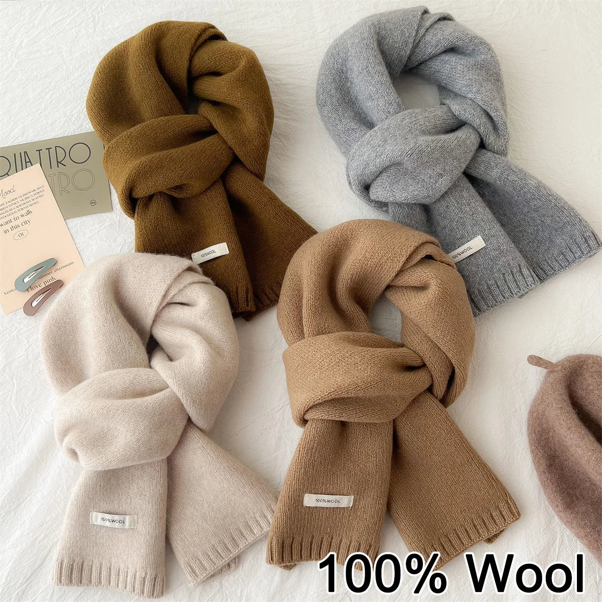 Écharpe longue tricotée 100% laine pour hommes et femmes, couleur unie, mode confortable, toutes saisons, hiver, automne, chaud, usage quotidien en plein air, 1 pièce