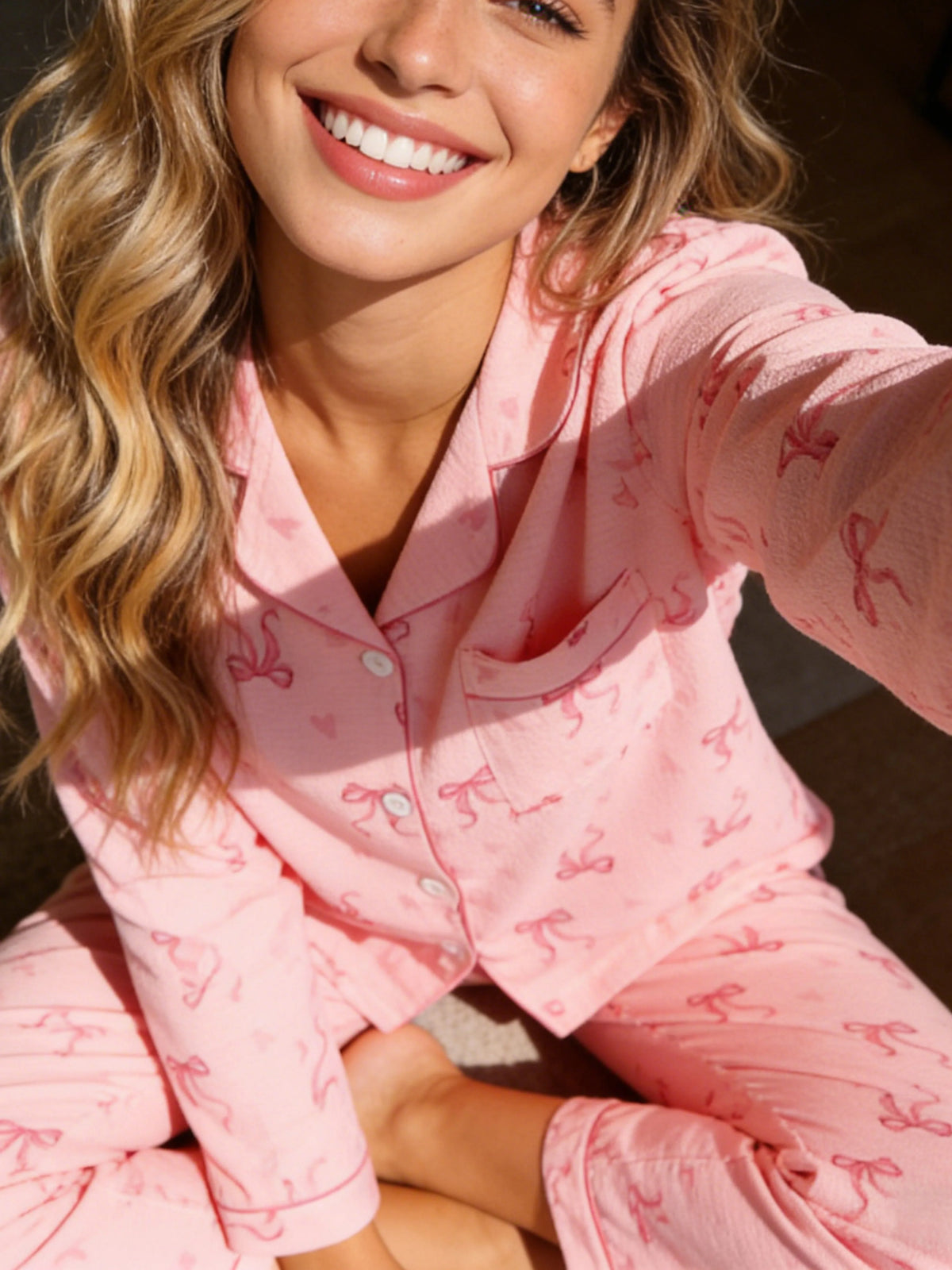 Pyjama femme à revers cranté, manches longues et pantalon, ensemble 2 pièces, imprimé cœur et nœud mignon, pour printemps, automne, hiver, vêtements d'intérieur