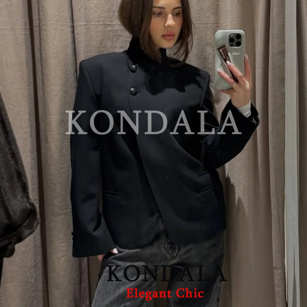 Blazer tendance noir KONDALA pour femme, col roulé, idéal pour le bureau, les fêtes et les vacances, collection Printemps-Automne 2026