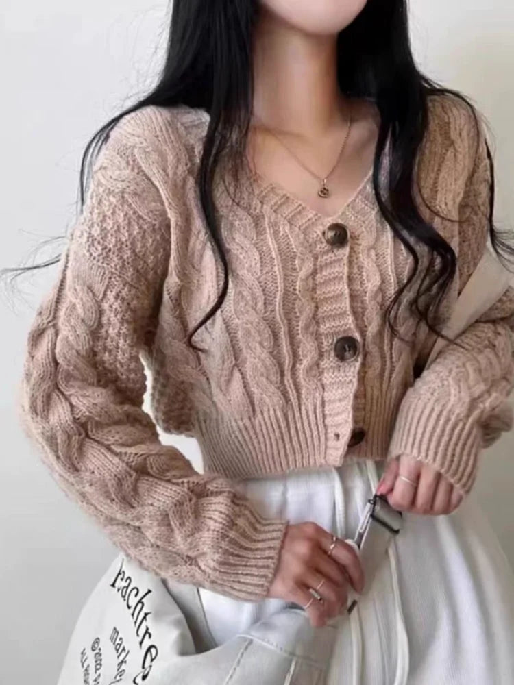 Cardigan court en tricot torsadé pour femme, pull à manches longues boutonné, coupe Boxy, veste pour adolescente, tenue d'automne et d'hiver Y2K