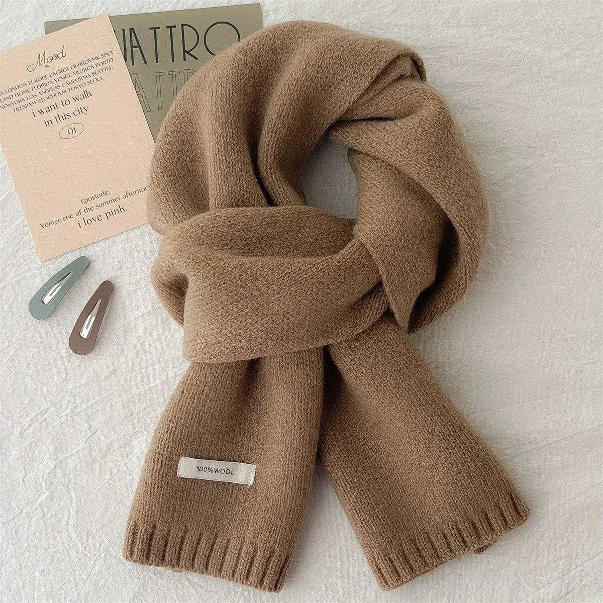 Écharpe longue tricotée 100% laine pour hommes et femmes, couleur unie, mode confortable, toutes saisons, hiver, automne, chaud, usage quotidien en plein air, 1 pièce