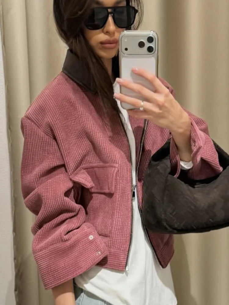 Veste décontractée rose SLTNX pour femme, coupe ample, style streetwear, avec fermeture éclair et poches, idéale pour la détente et le quotidien