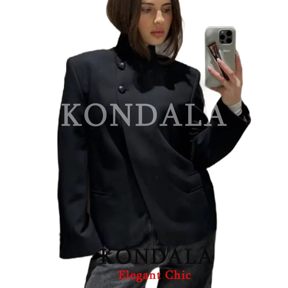 Blazer tendance noir KONDALA pour femme, col roulé, idéal pour le bureau, les fêtes et les vacances, collection Printemps-Automne 2026