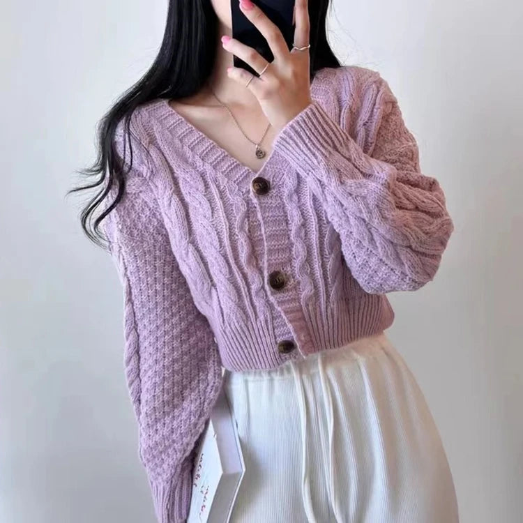 Cardigan court en tricot torsadé pour femme, pull à manches longues boutonné, coupe Boxy, veste pour adolescente, tenue d'automne et d'hiver Y2K