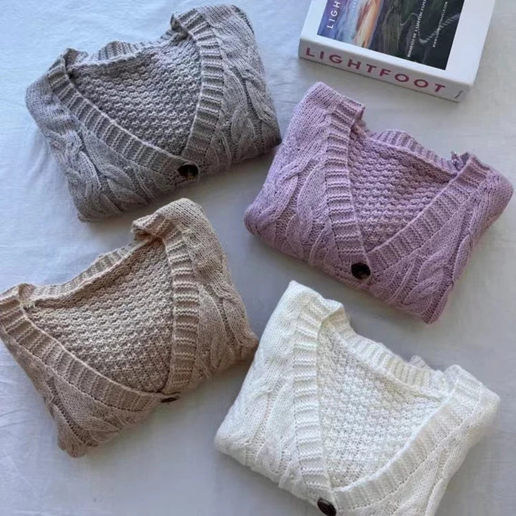 Cardigan court en tricot torsadé pour femme, pull à manches longues boutonné, coupe Boxy, veste pour adolescente, tenue d'automne et d'hiver Y2K