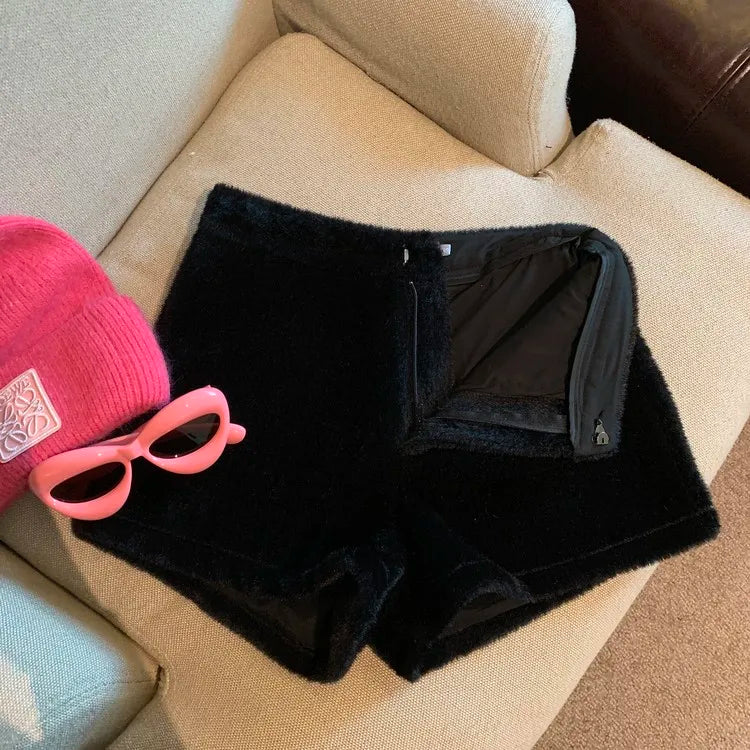 Short en Fausse Fourrure pour Femme, Vêtement Décontracté, Couleur Unie, Taille Haute, Collection Automne Hiver
