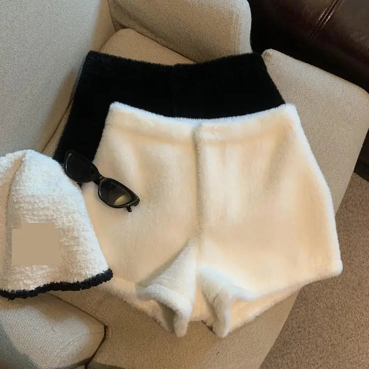 Short en Fausse Fourrure pour Femme, Vêtement Décontracté, Couleur Unie, Taille Haute, Collection Automne Hiver