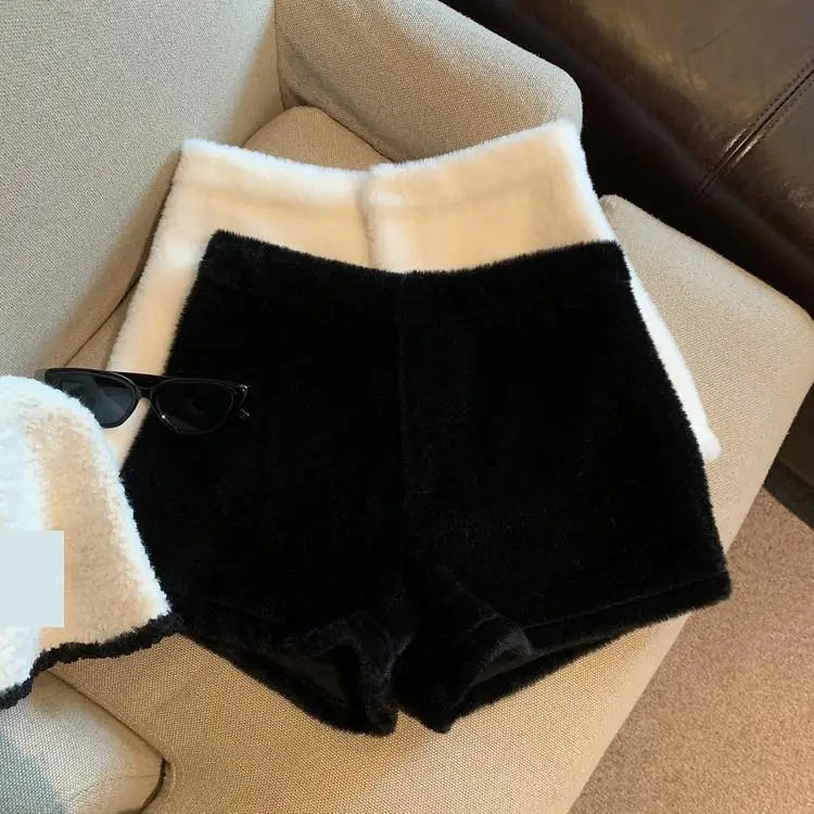 Short en Fausse Fourrure pour Femme, Vêtement Décontracté, Couleur Unie, Taille Haute, Collection Automne Hiver