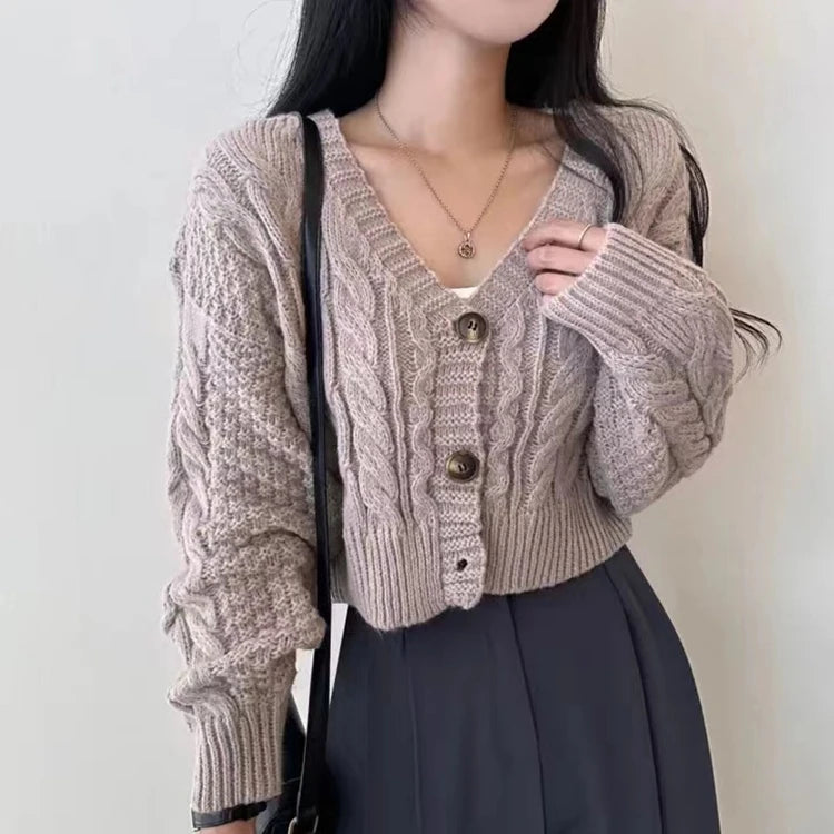 Cardigan court en tricot torsadé pour femme, pull à manches longues boutonné, coupe Boxy, veste pour adolescente, tenue d'automne et d'hiver Y2K