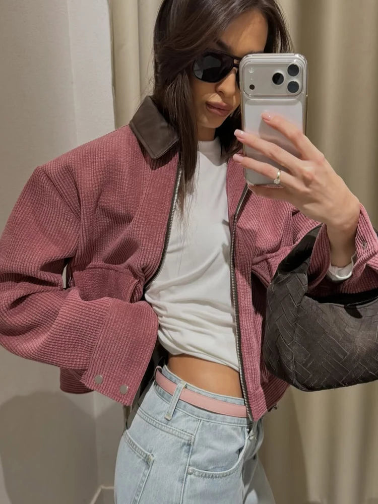 Veste décontractée rose SLTNX pour femme, coupe ample, style streetwear, avec fermeture éclair et poches, idéale pour la détente et le quotidien