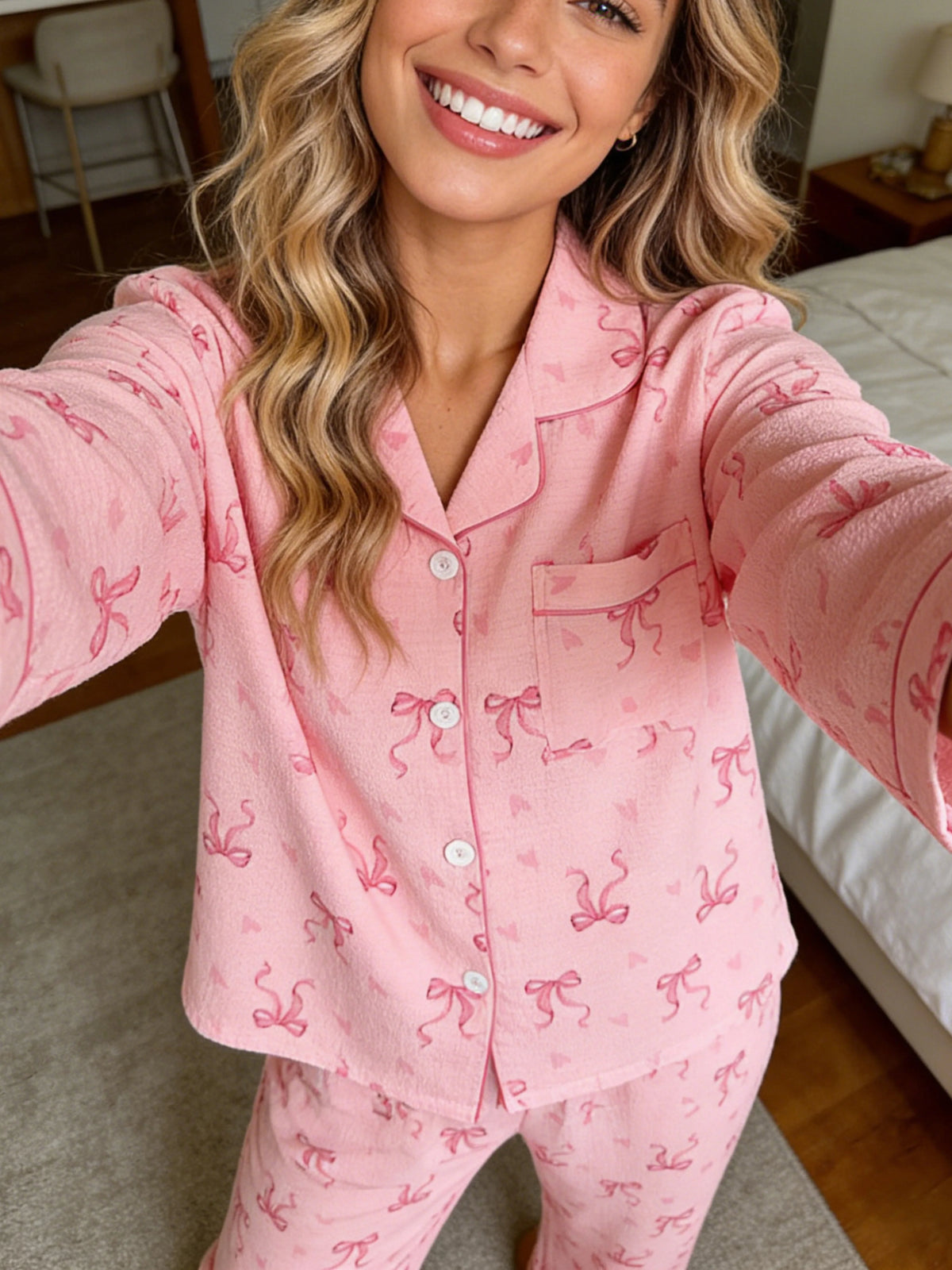 Pyjama femme à revers cranté, manches longues et pantalon, ensemble 2 pièces, imprimé cœur et nœud mignon, pour printemps, automne, hiver, vêtements d'intérieur