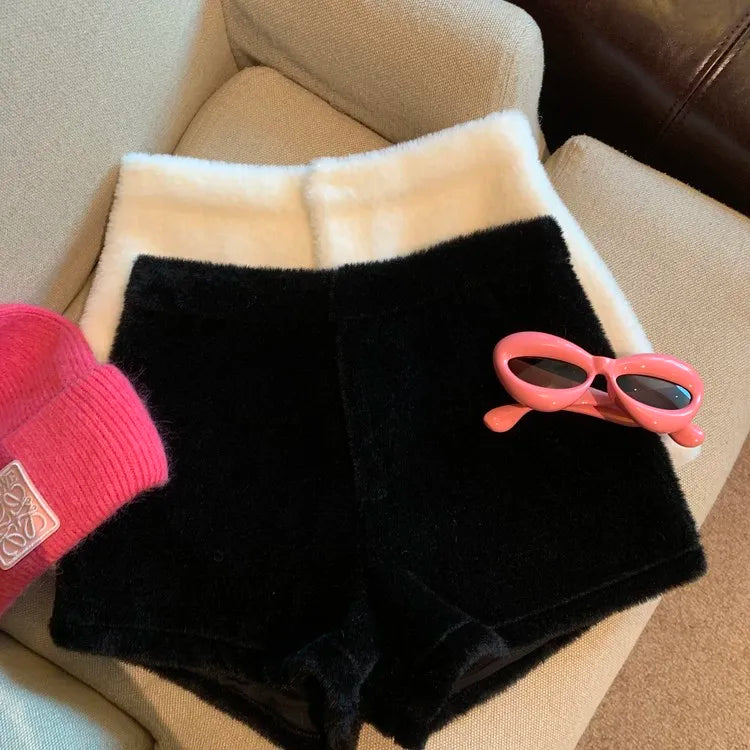 Short en Fausse Fourrure pour Femme, Vêtement Décontracté, Couleur Unie, Taille Haute, Collection Automne Hiver