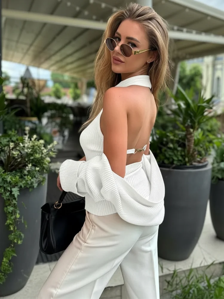 Trendix évider pull ensembles pour femmes 2025 automne nouveau à manches longues tricots châle costumes Sexy dos nu tricot débardeur 2 pièces ensemble