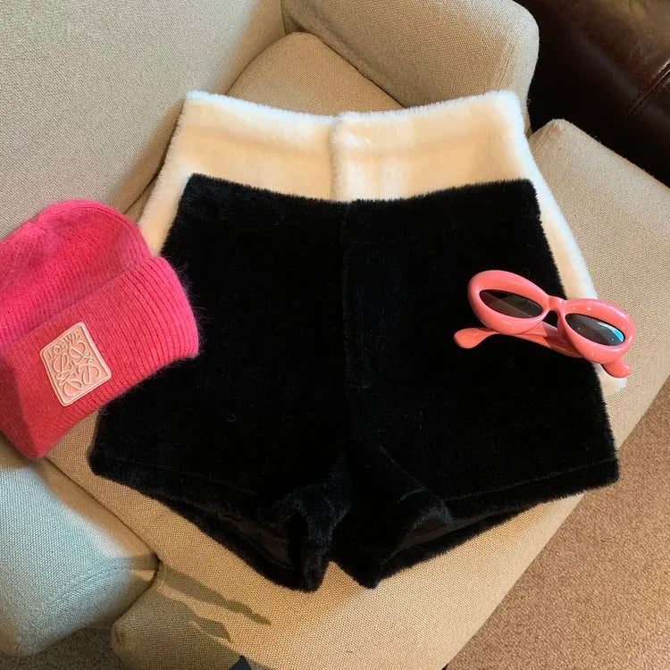 Short en Fausse Fourrure pour Femme, Vêtement Décontracté, Couleur Unie, Taille Haute, Collection Automne Hiver